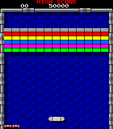 Arkanoid round 1 in progress: six rows of grey, red, yellow, blue, magenta and green bricks across the top of a blue tiled playfield inside a riveted silver frame, the Vaus paddle near the bottom with the ball resting on it, HIGH SCORE 50000 and the score 00 along the top and three spare Vaus icons at the bottom left