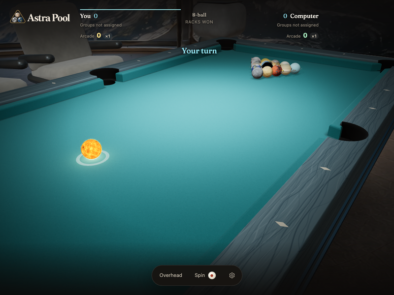 Astra Pool: a glowing Sun for a cue ball in front of a rack of planets on teal felt, with the Astra Pool logo and You versus Computer scores above