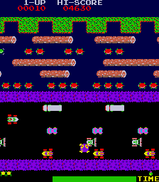 Frogger gameplay: the frog crossing the highway below the log-and-turtle river, with the five home bays at the top and the timer bar at the bottom