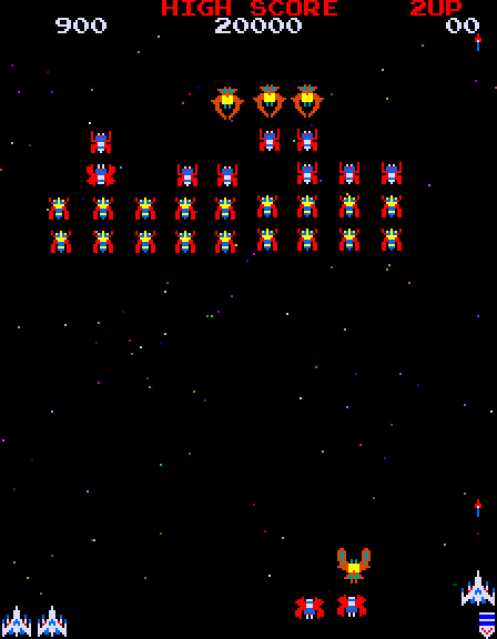 Galaga attract mode: the full enemy formation with boss escorts diving toward the fighter
