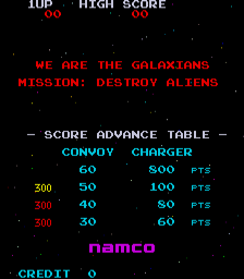 Galaxian attract mode: WE ARE THE GALAXIANS over the starfield and score table