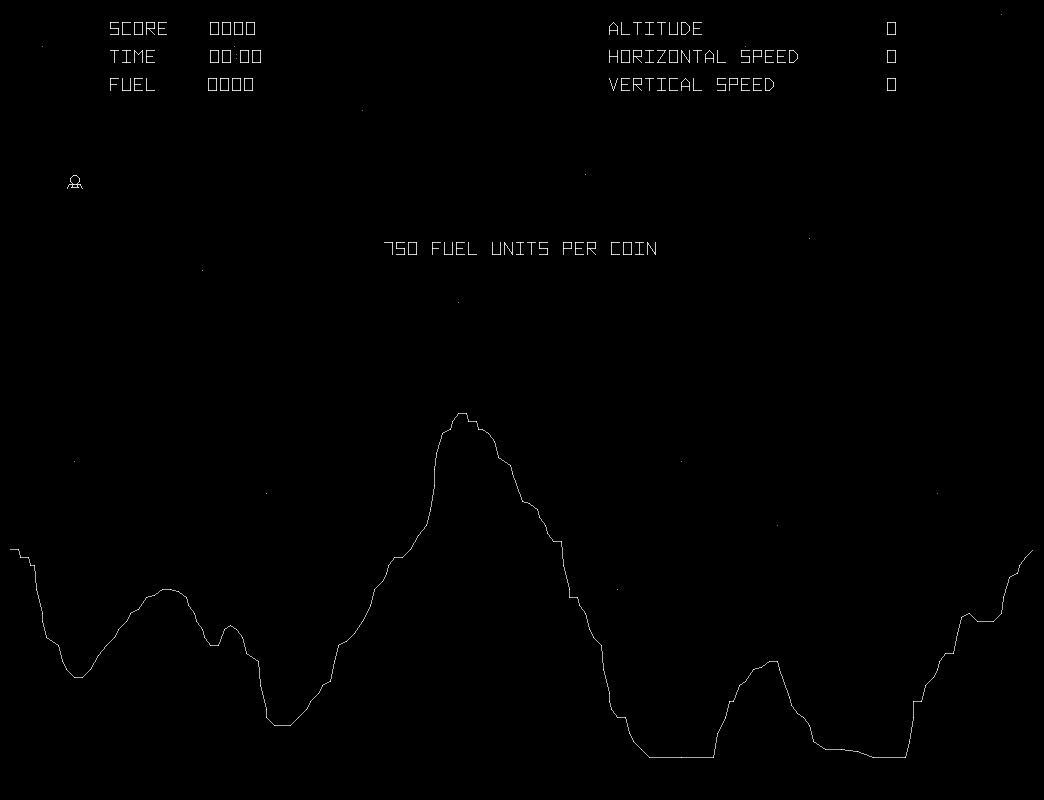 Lunar Lander attract mode: the mountain terrain under the fuel-per-coin banner