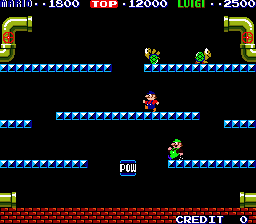 Mario Bros. attract demo: Mario and Luigi on the blue girders with two Shellcreepers, the POW block below and the sewer pipes at the corners