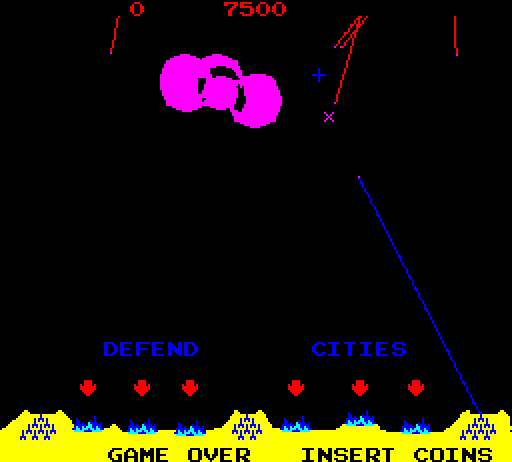 Missile Command attract mode: incoming missile trails and an ABM explosion over six cities and three bases on the horizon