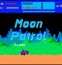 Moon Patrol attract mode: the pale blue Moon Patrol logo in tall italic letters across the middle of a black sky, a purple six-wheeled moon buggy driving left to right along an orange lunar surface below it, rolling green hills and jagged blue mountains behind, and a blue status band along the top showing 1P-000000, POINT, TIME 013 and a row of small black dots