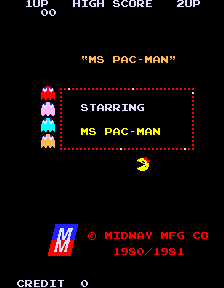 Ms. Pac-Man attract mode: the MS PAC-MAN title banner, all four ghosts listed down the left, STARRING MS PAC-MAN, and the Midway Mfg. Co. 1980/1981 copyright line
