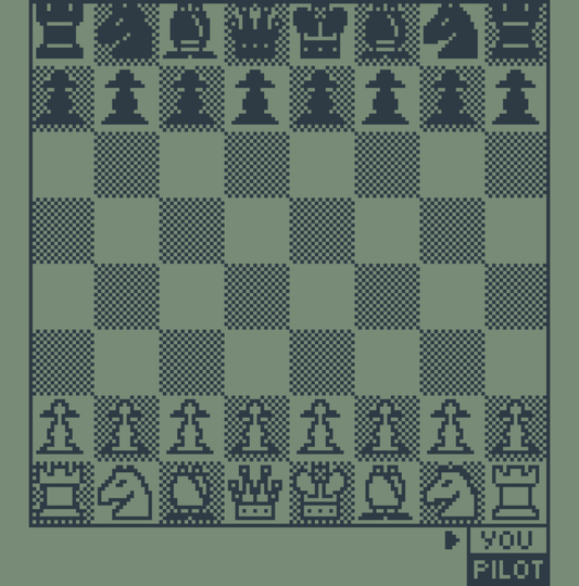 PocketChess on the Pilot's green LCD: both armies in their starting squares on a dithered board, with YOU and PILOT labels at the bottom right