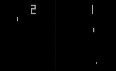 Pong in play: both paddles offset above centre, the ball out in the field, the dashed net down the middle