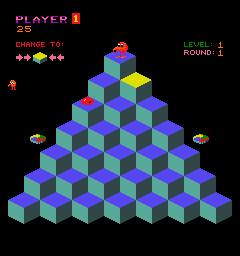 Q*bert round 1 in progress: the isometric pyramid of 28 blue and green cubes with Q*bert himself on the top cube, one cube in the second row flipped to yellow and a red ball on the cube below it, PLAYER 1 and the score 25 at the top left, the CHANGE TO colour key beside it, LEVEL 1 ROUND 1 at the top right, spare lives down the left and a flying disc on each side