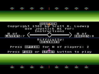 Quarxon title screen: green title text over black, framed by striped bands and small flowers, with player and droid counts below
