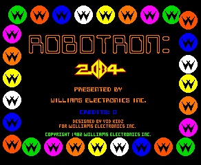 Robotron: 2084 title screen with its ring of robots