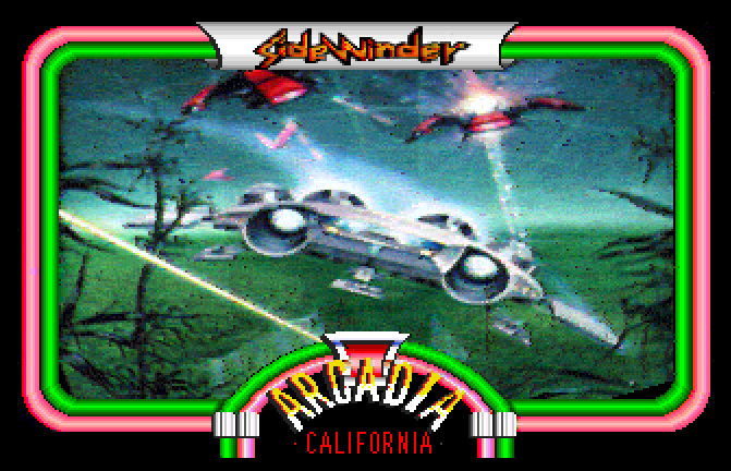 Sidewinder cabinet marquee: fighter aircraft over a green landscape beneath the Arcadia California banner