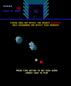 Sinistar attract mode: planetoids and the scanner over the starfield, INSERT COIN TO PLAY