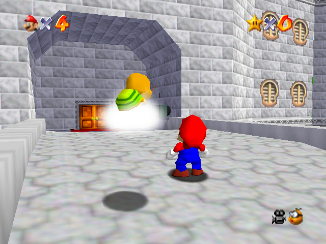 Super Mario 64: Mario standing in the castle's stone entrance hall facing a doorway, with the lives counter, star count and power meter around the edges
