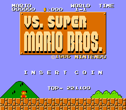 Vs. Super Mario Bros. attract mode: the title logo over World 1-1, INSERT COIN