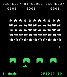 Space Invaders attract mode: the full alien rack above the shields
