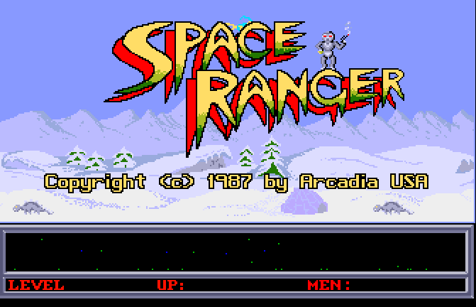 Space Ranger title screen: the logo over snowy mountains, above the copyright line 1987 by Arcadia USA