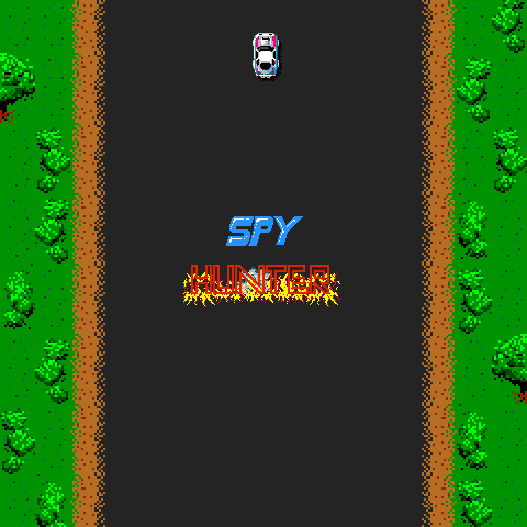 Spy Hunter attract mode: the SPY HUNTER logo in flames on the two-lane highway, the G-6155 Interceptor at the top