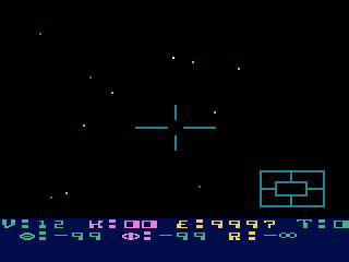 Star Raiders forward view: cyan targeting cross-hairs over a starfield, the sector scanner at bottom right and the control panel readouts below
