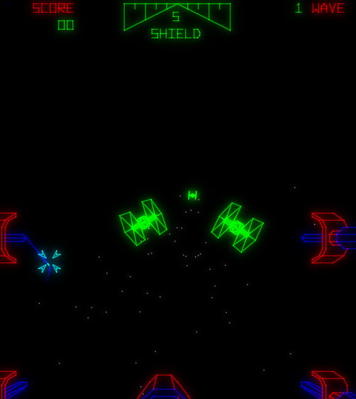 Star Wars gameplay: two green wireframe TIE fighters flanking the cyan crosshair, red cockpit cannon housings either side, over a starfield with the SHIELD gauge above